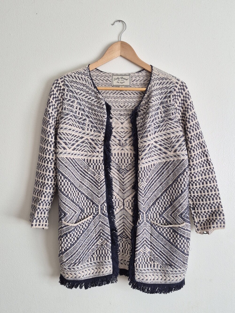 Lucky Brand Open Front Aztec Fringe Boho Cardigan Small
